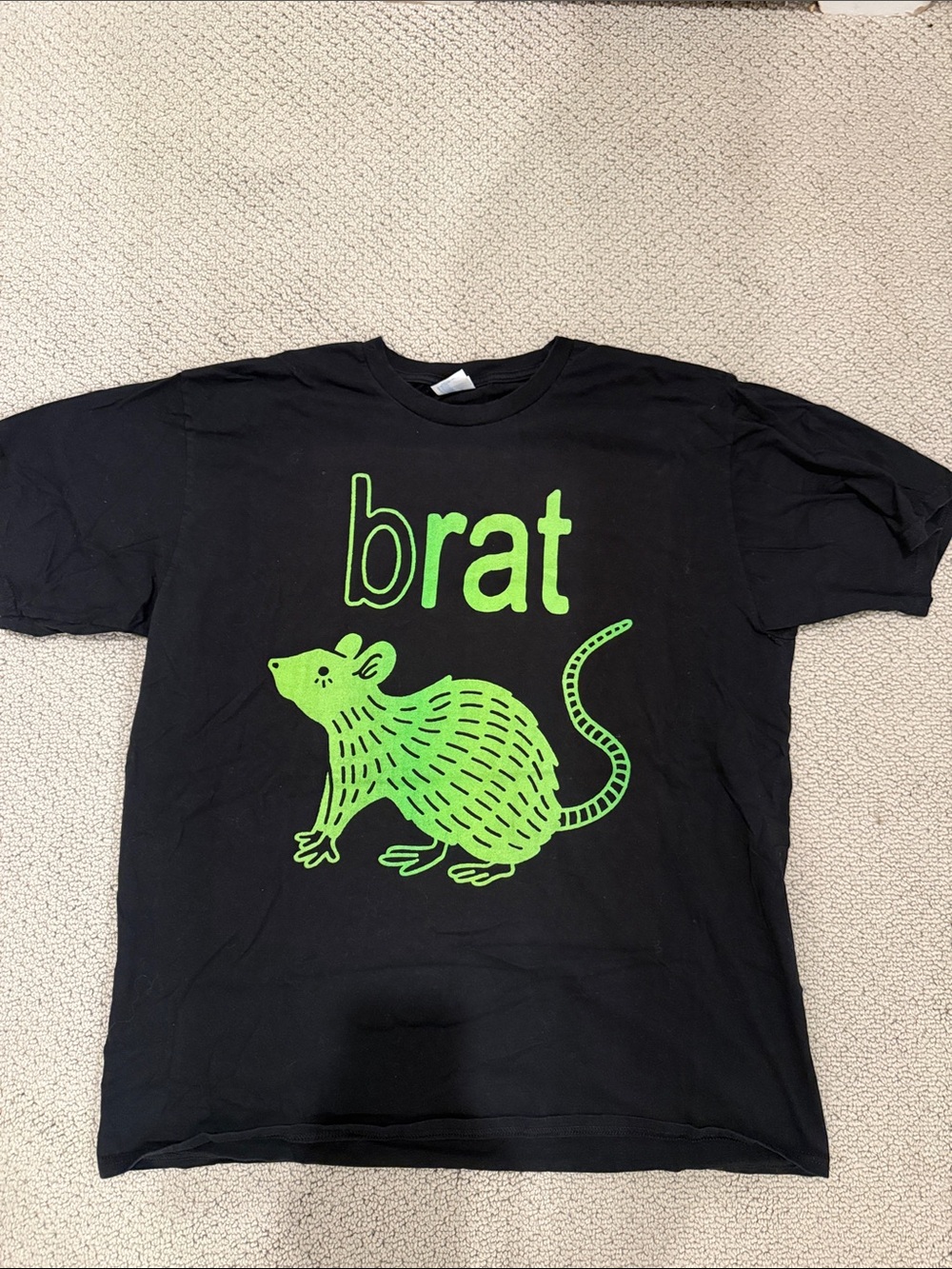 Black Short-Sleeve Graphic Tee with Neon Green 'brat' Rat Design